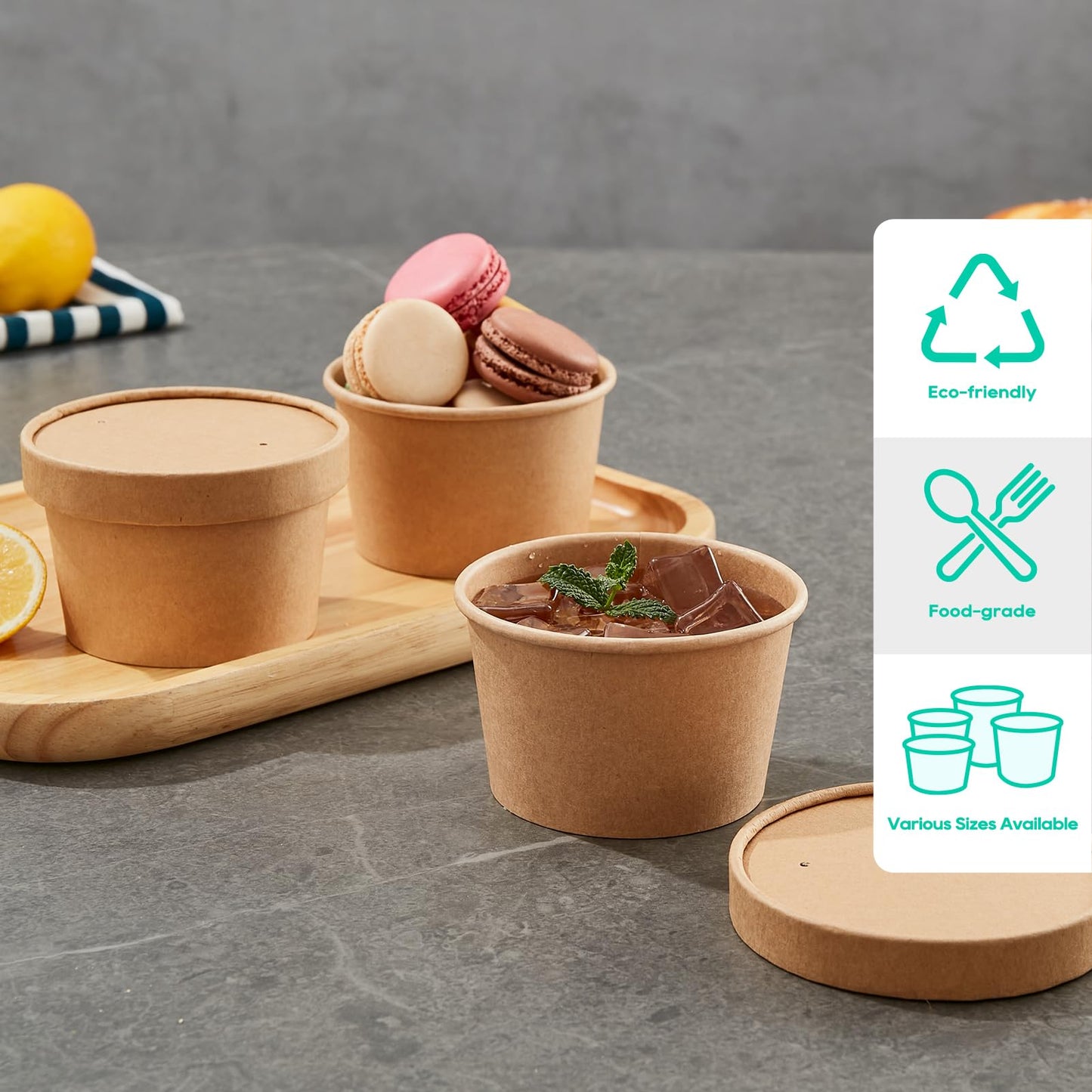 50pack 8oz Paper Soup Containers with Lids, Disposable Kraft Paper Food Cups, Ice Cream Cups, Food Storage with Lids, Microwavable and Freezer Safe, Suitable for Christmas Thanksgiving (Brown)