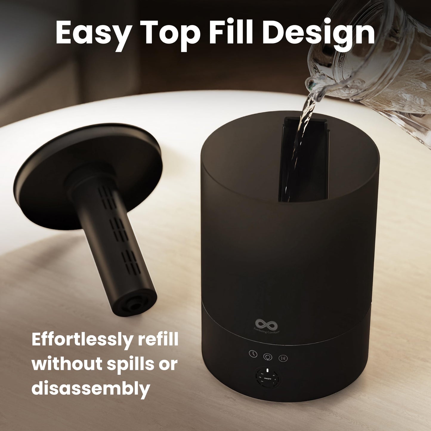 Everlasting Comfort 2.5L Top Fill Humidifier for Bedroom – Quiet, Easy to Fill & Clean, 24HR Runtime, Night Lights, Timer, Ultrasonic Cool Mist, Auto Shut-Off for Indoor Use - Black