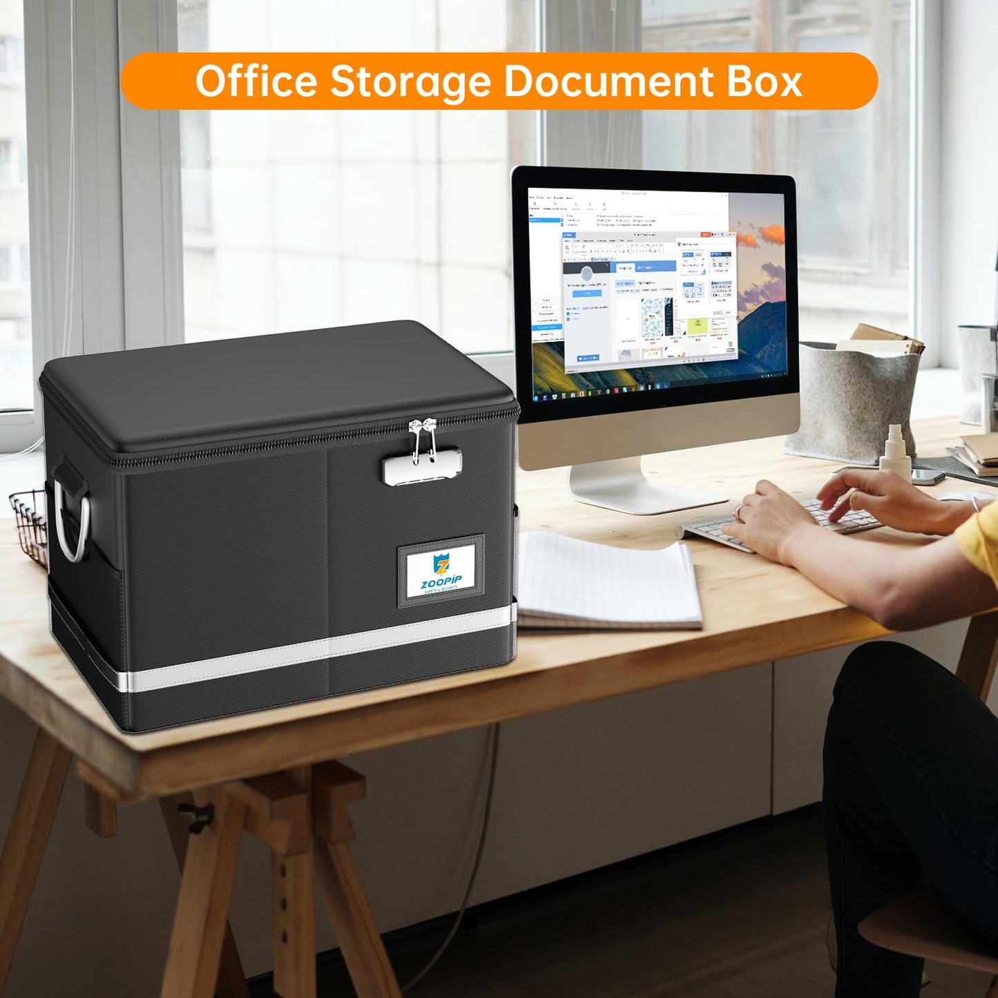 ZOOPIP Fireproof Document Box,5200°F File Organizer Box with Lock,Foldable Filing Organizer Cabinet, Portable Safe Storage for Hanging Letter/Legal Folder,Black