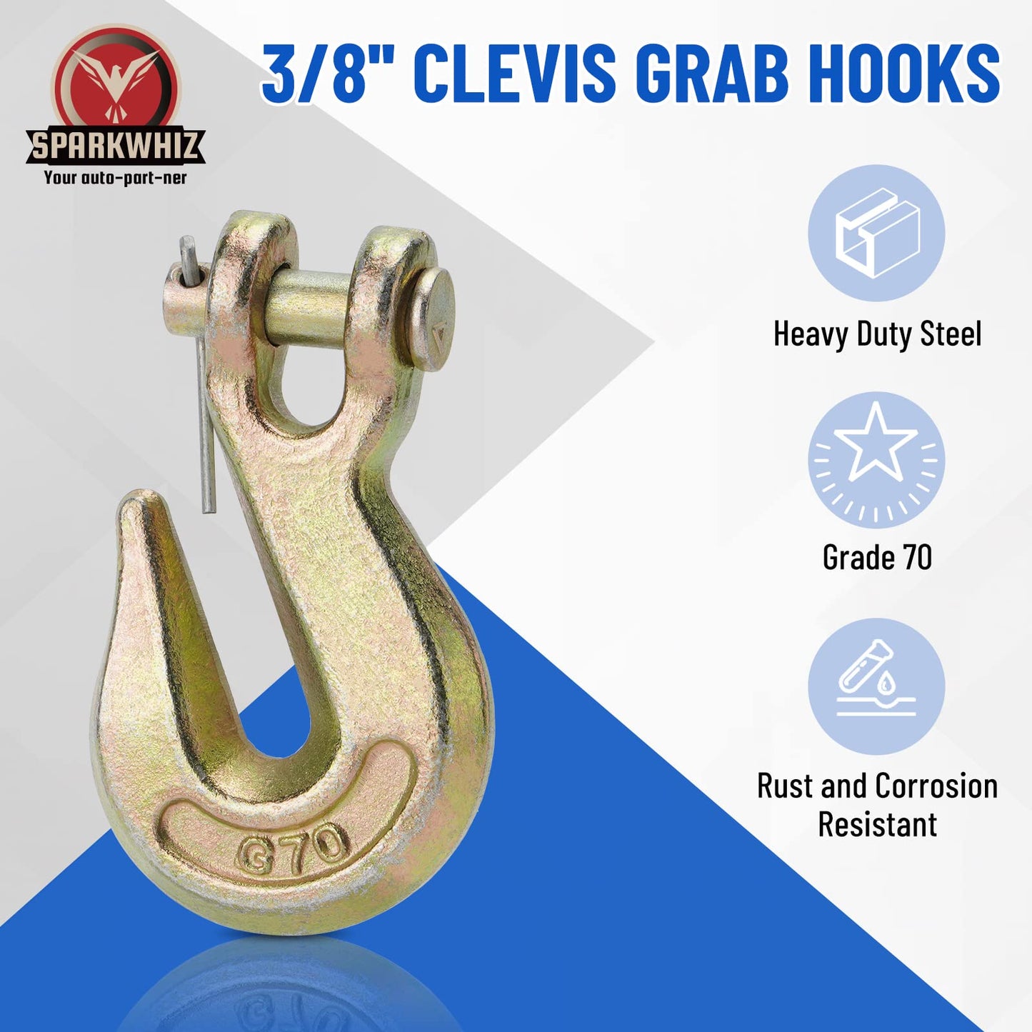 SPARKWHIZ 3/8" Clevis Grab Hooks, Tow Hook Grade 70 Forged Steel 6600 lbs WLL for Truck Trailer Tow Chain Transport (10 Pack)