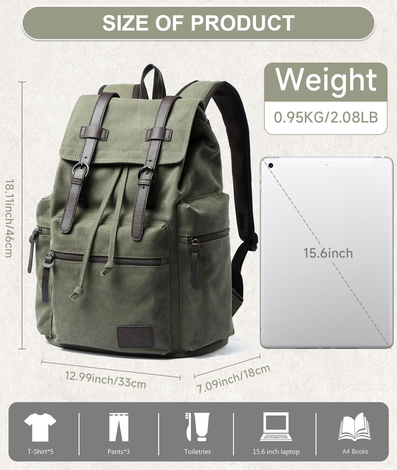 MOYYI Vintage Canvas Backpack for Men Olive Green Rucksack Fit 15.6 inch Laptop Retro Flap Daypack for Casual Hiking Travel Commute