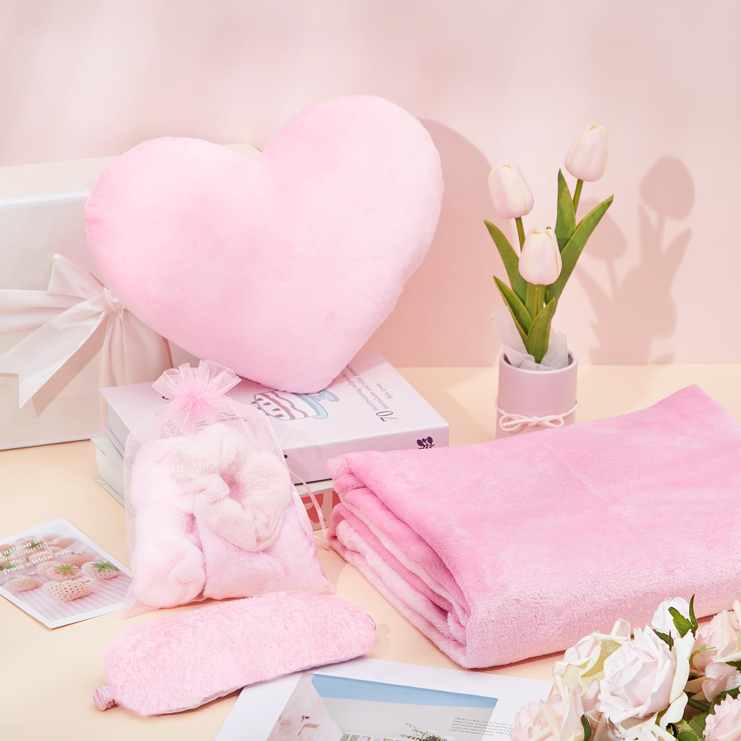 Fanfanwin 36 Pcs Sleepover Party Supplies 6 Throw Blanket 6 Spa Headband 6 Heart Pillows 6 Scrunchies 6 Sleep Eye Mask 6 Organza Bag for Spa Slumber Party Favors Supplies (Pink)