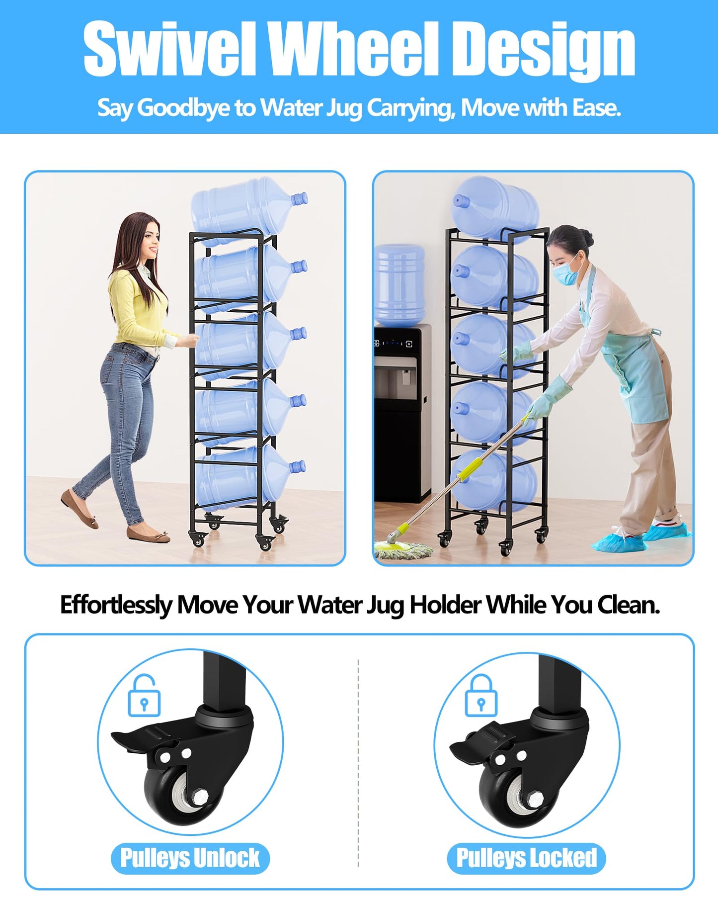Vorshape 5 Gallon Water Jug Holder, Movable 5 Tier Heavy Duty Water Rack with 4 Wheels, Rack for Water Jug Storage, Space Saving Water Stand for Five 5 Gallon Water Jugs, Black