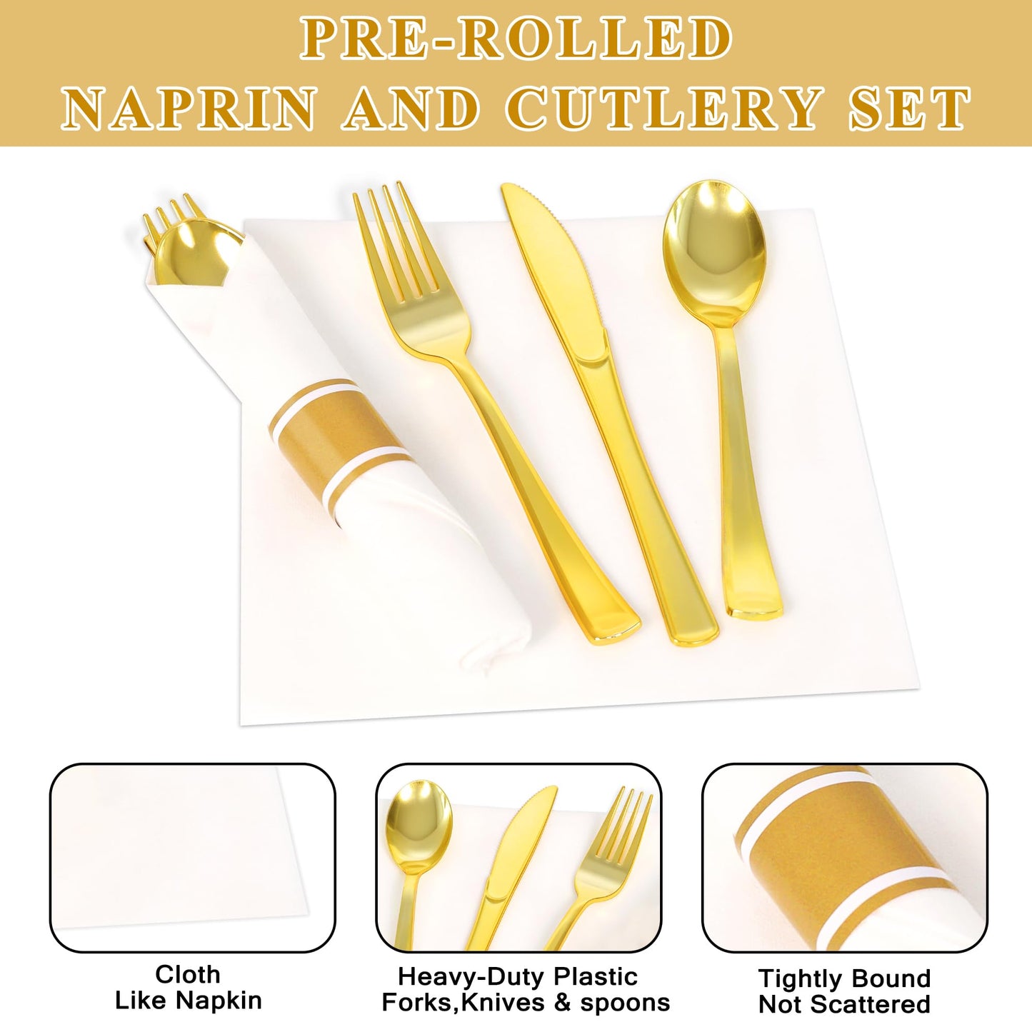 Dlebay 100 Pack Pre Rolled Gold Plastic Silverware Set,Wrapped Plastic Cutlery Set with Napkin Include 100 Forks,100 Spoons,100 Knives and 100 White Napkins for Party, Wedding,showers, Christmas
