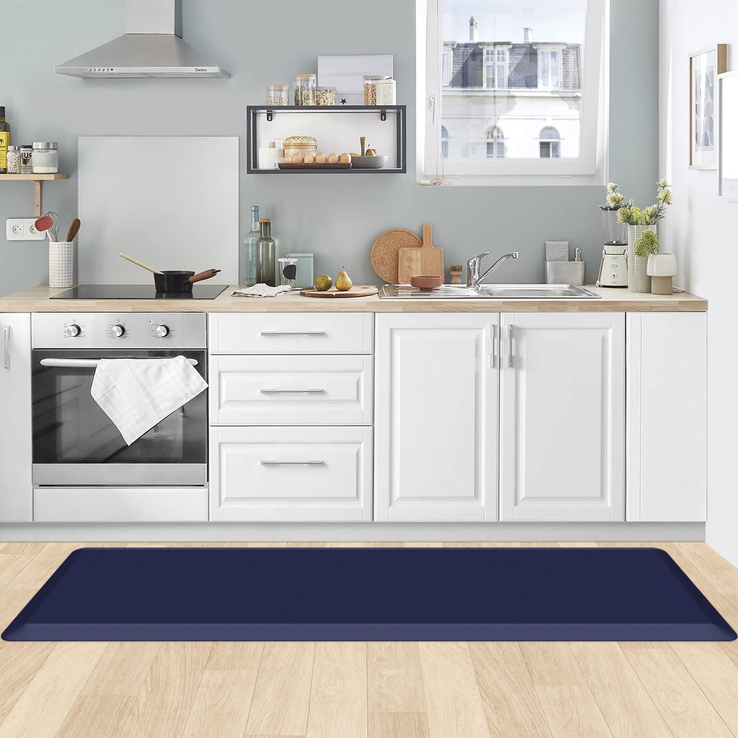 KitchenClouds Kitchen Mat Cushioned Anti Fatigue Kitchen Rug 0.8inch Waterproof Non Slip Kitchen Rugs and Mats Standing Desk Mat Comfort Floor Mats for Kitchen Sink Office (17.3"x60",Blue)