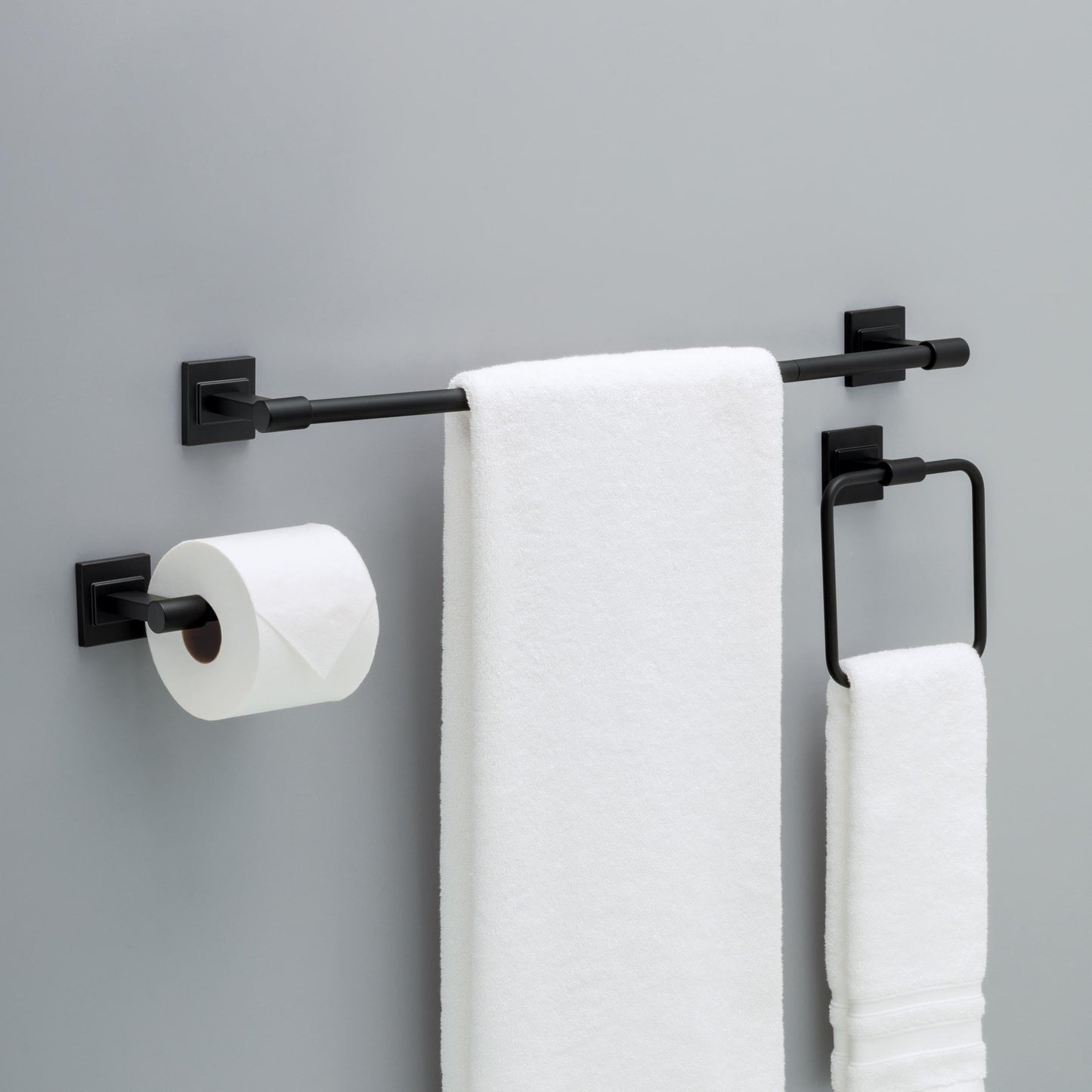 Delta Faucet McLaren 3-Piece Bathroom Set, Matte Black, 18"/24" Towel Rack, Toilet Paper Holder, Ring MCL63-MB