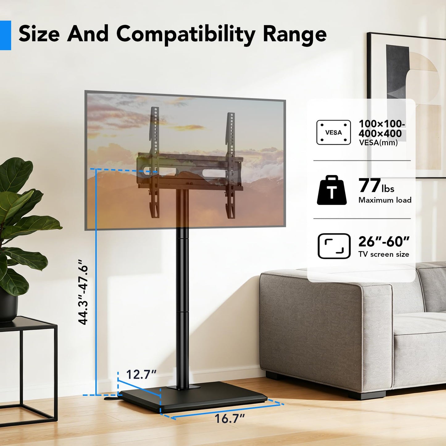 AX WABER Floor TV Stand with Mount for 26-55 inch TVs up to 77 lbs, Height Adjustable Swivel Tilt TV Stand with Wood Base, Saving Space Design for Bedroom, Living Room and Corner, Black