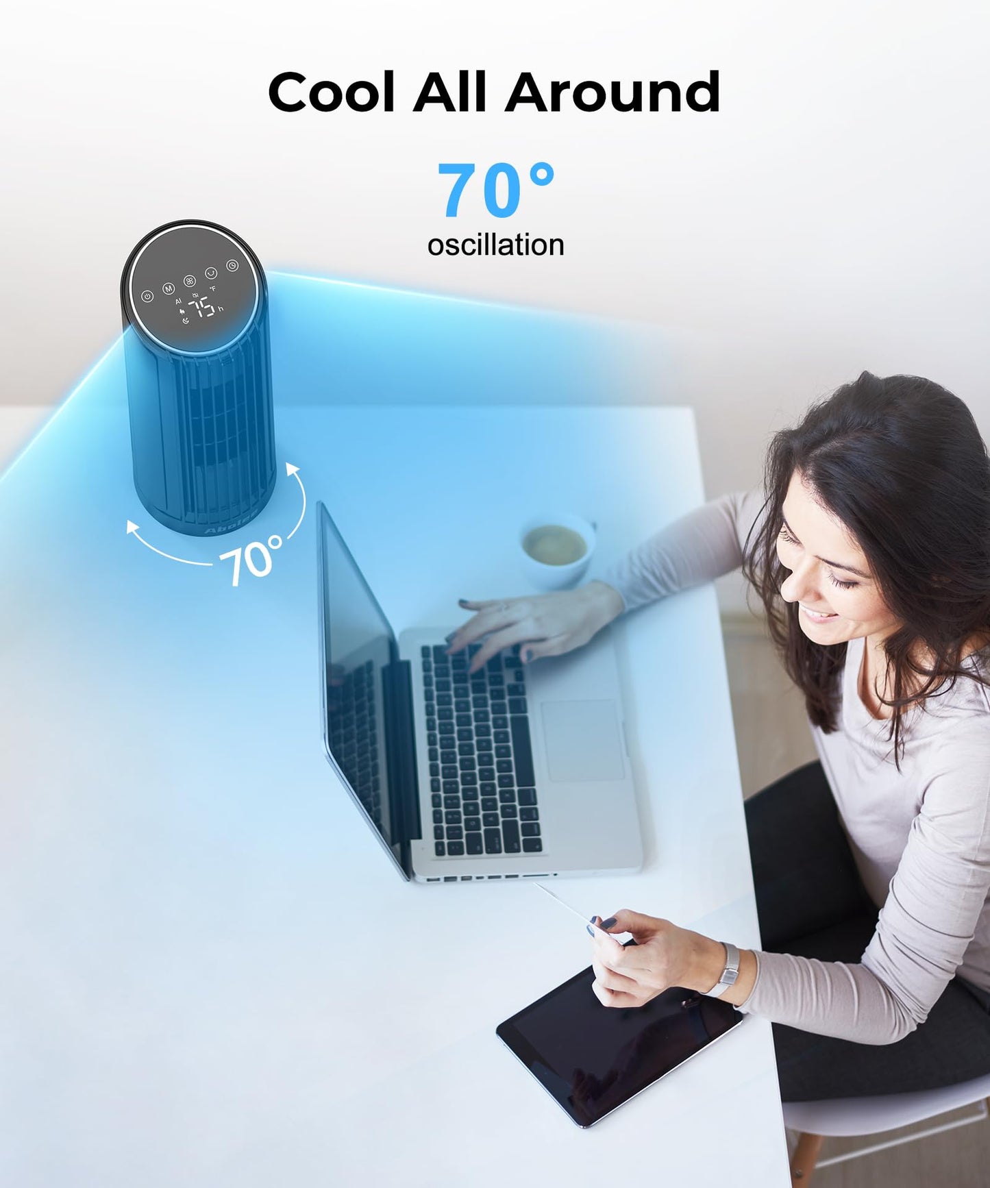 Abolee Tower Fan for Bedroom, 23ft/s Desk Fan with Remote, 70° Oscillating Desk Fan, 4 Speeds, 4 Modes,12Timer, 13'' Bladeless Portable Fan for Bedroom Office Home Black