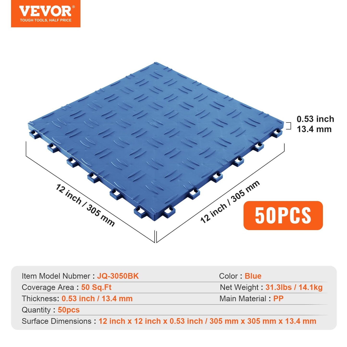 VEVOR Interlocking Garage Floor Covering Tiles, 12x12x0.53 inch, 50 Pack, Non-Slip Double-Sided Texture, for Garages, Basements, Repair Shops, Blue