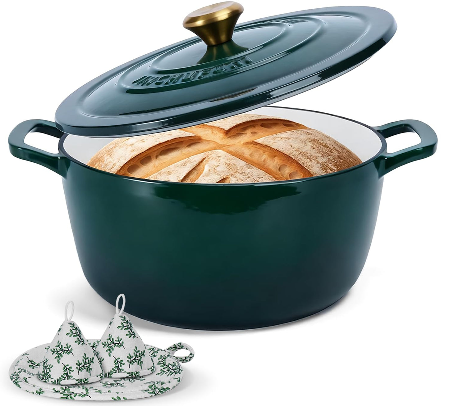 Cast Iron Dutch Oven with Lid - JINCHUFURI Enameled Cast Iron Dutchs Oven 5 Qt enamel dutch ovens Pot Heavy-Duty Cookware for Sourdough Bread Baking,Stews, Roasting,Braising(Green)