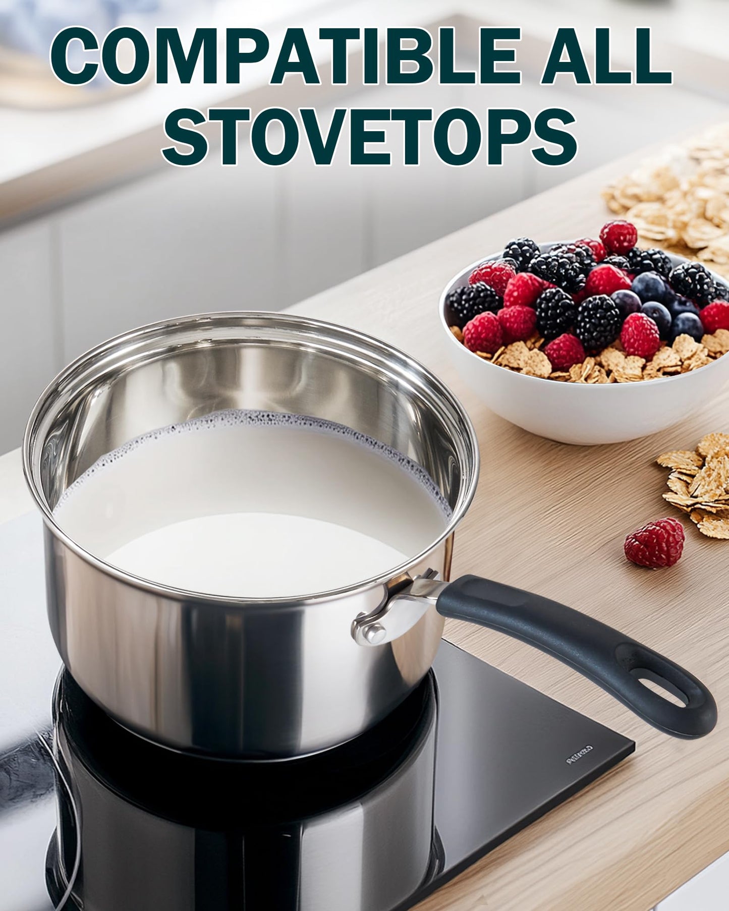 Cook N Home Professional 3 Quart Stainless Steel Saucepan with Lid, Kitchen Induction Cooking Sauce Pot Pan, Stay-Cool Silicone Handle, Dishwasher Safe