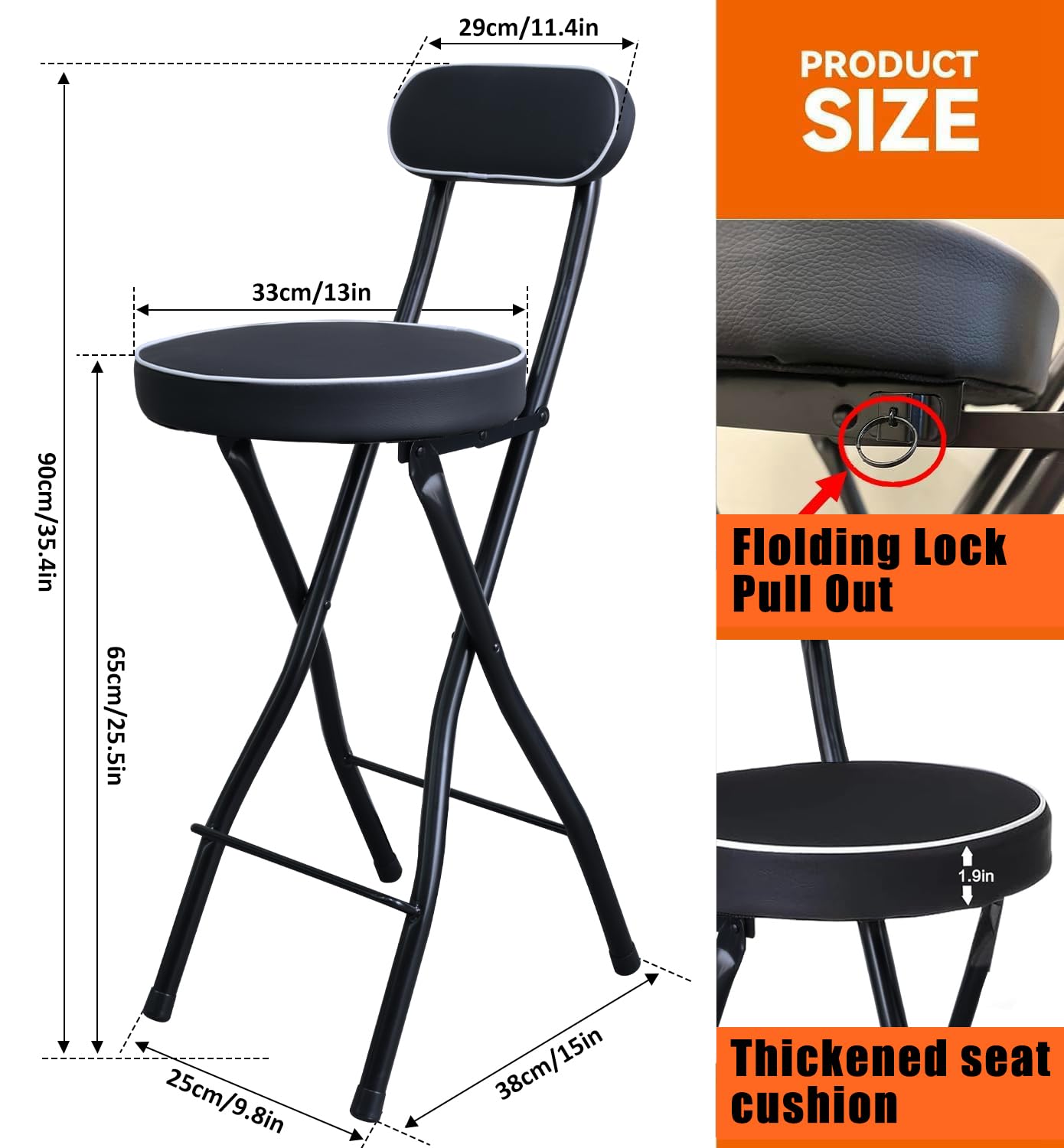 UWEAR 1 PCS Folding Bar Stool with Back, Tall Foldable Stool Seat Padded Portable Stools Counter Height Foldable Stools Chairs Collapsible Stool for Adults Kitchen Island (Black)