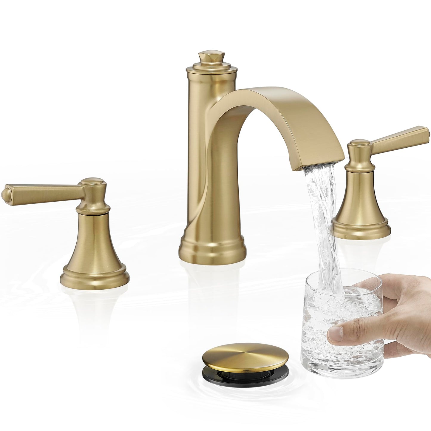 HEYMYTAP Brass Bathroom Waterfall Faucet, 4-16 Inch Brushed Gold Bathroom Faucet Widespread Bathroom Sink Faucet, 2 Handles Bathroom Faucets for Sink 3 Hole with Pop Up Drain, Water Hoses