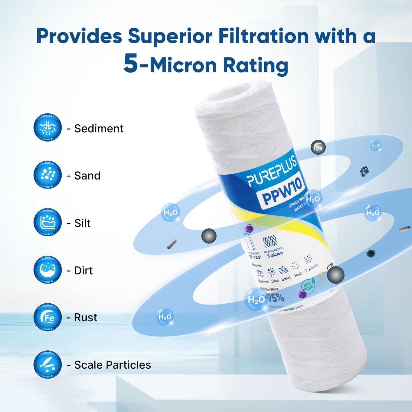 PUREPLUS 5 Micron 10"x2.5" Whole House String Wound Sediment Filter for Well Water, Replacement Cartridge for Universal 10 inch RO System, WP-5, Aqua-Pure AP110, CFS110, Culligan P5, WFPFC4002, 6Pack