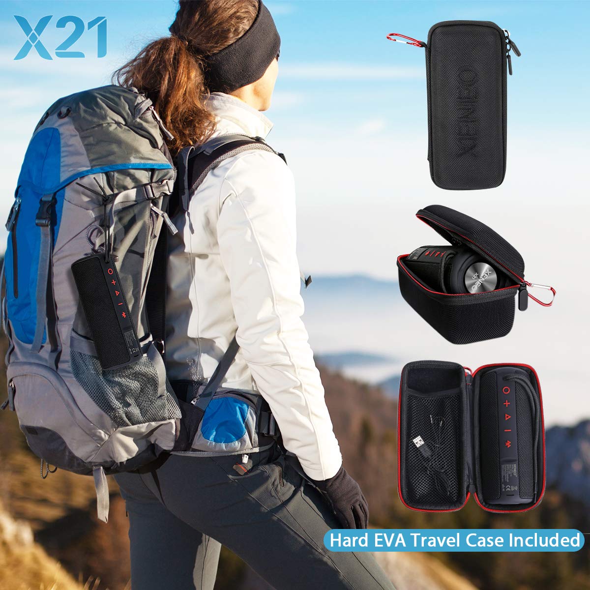 XENEO X21 Portable Outdoor Wireless Bluetooth Speaker Waterproof with FM Radio, Micro SD Card Slot, AUX for Shower - Hard Travel Case Included
