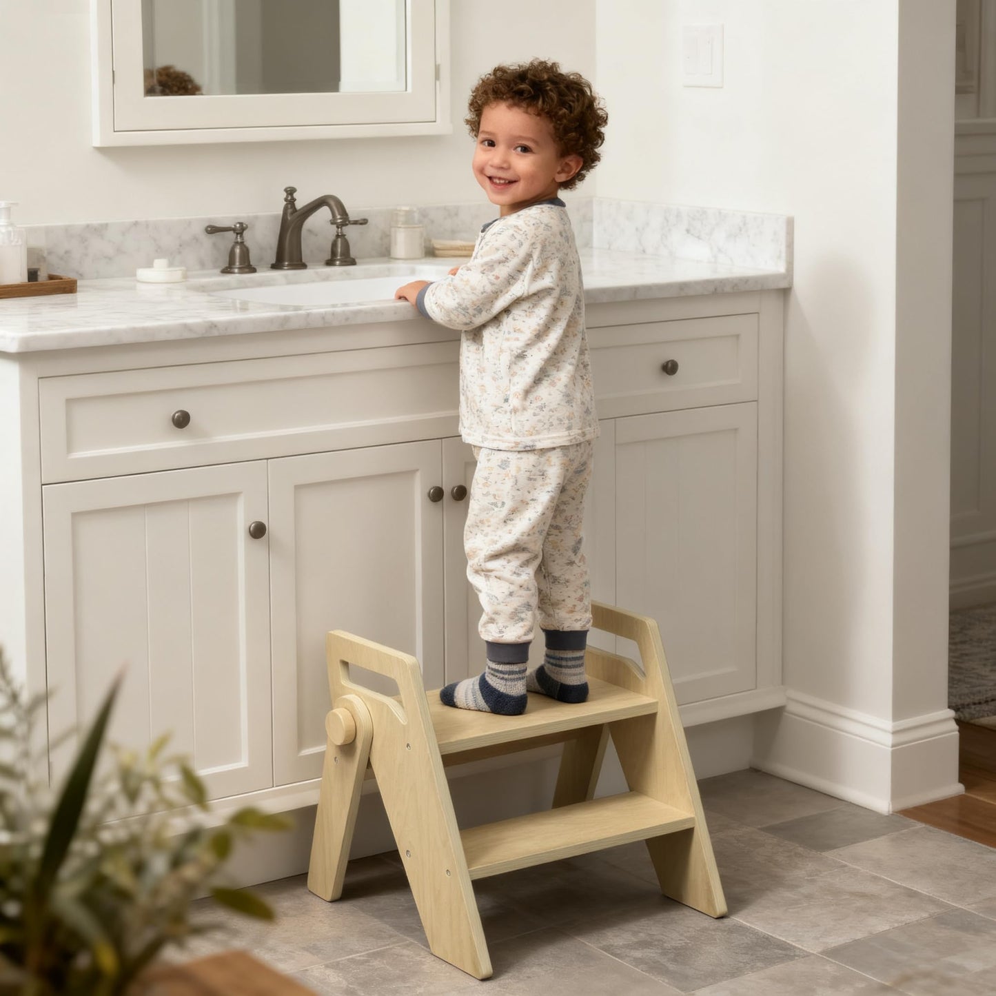 HOMEKOL Toddler Kids 2 Step Stool for Bathroom Sink, Natural Wood Color