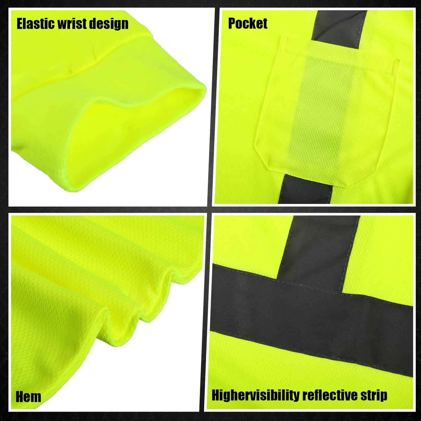 Macarrie 6 Pcs Class 3 Reflective Safety High Visibility Shirt Long Sleeve with Packet Breathable (L)