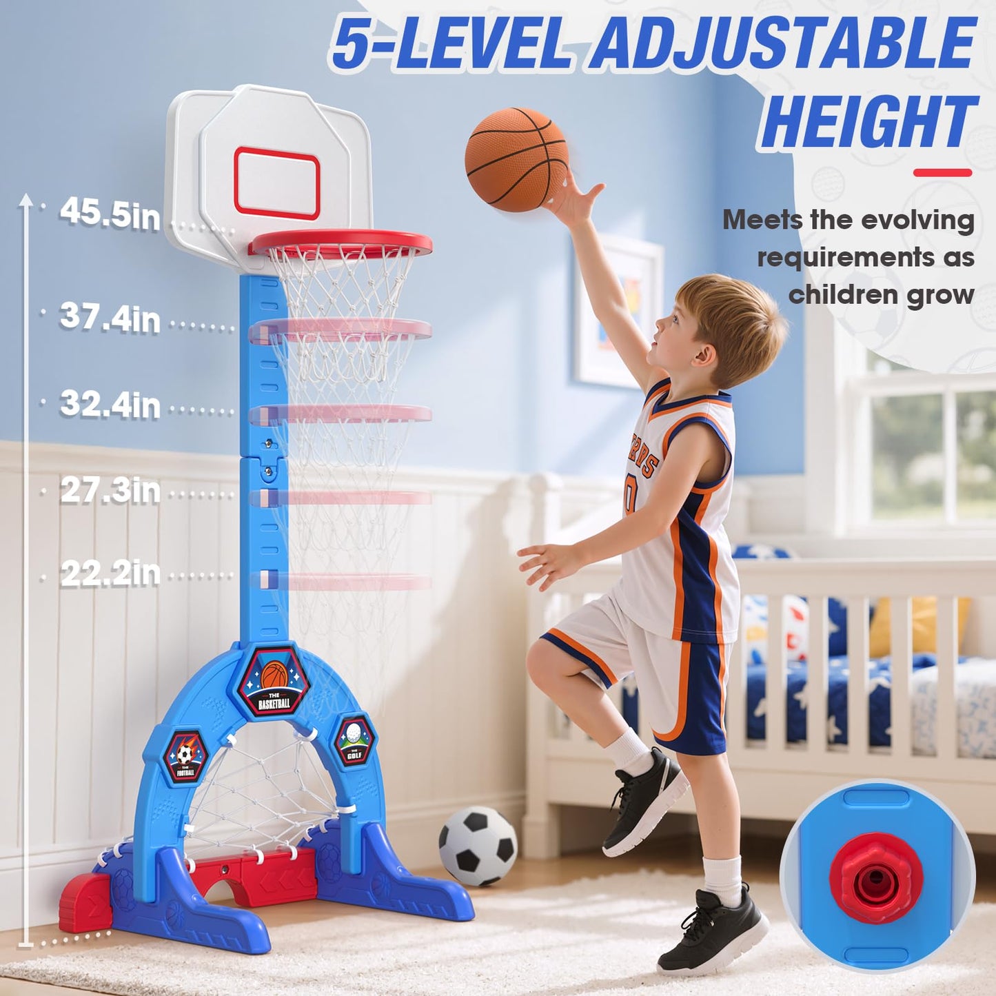 HYES Toddler Basketball Hoop, 3-in-1 Sports Activity Center with Soccer Goal, Golf Game, 5 Height Adjustable Kids Basketball Hoop, Indoor Outdoor Playset Toys Gifts for Boys Girls 3-5, Blue