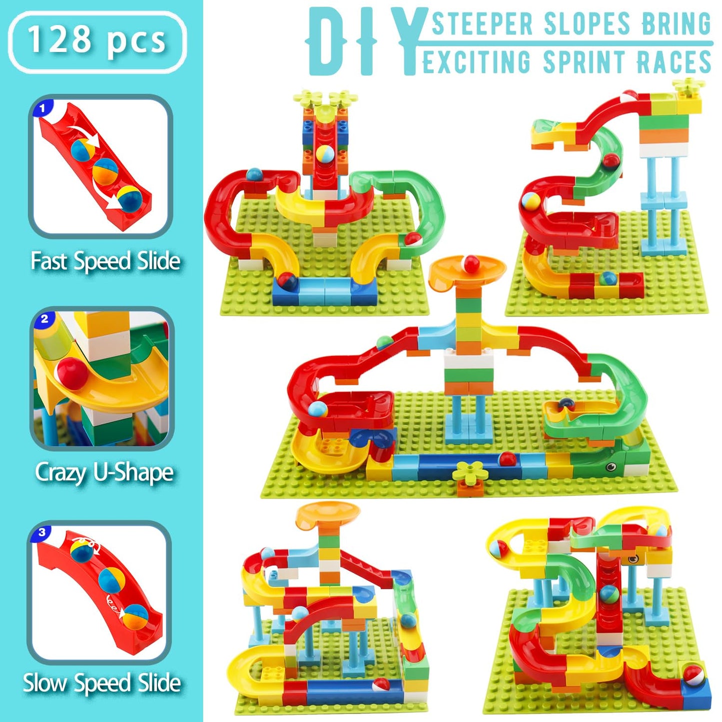 Anpcso 2-in-1 Kids Toys for 2 3 4 5 6 7 + Year Old Boys Girls Toddlers Upgrade Classic Big Bricks Marble Run Building Blocks, Toss Ring Games Compatible with All Major Brands for Christmas Birthday