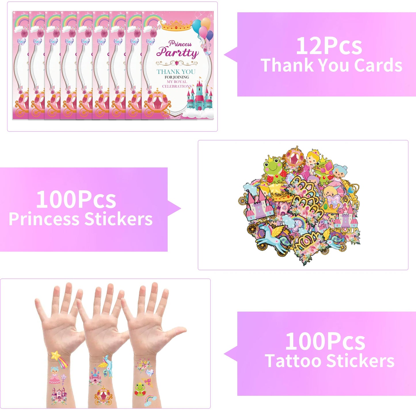 308PCS Princess Birthday Party Decorations Favors, Including Goodie Bags, Crown, Magic Wand, Straws, Bubble Wands, Stickers, Cake Toppers, Tattoo & More-Perfect for Party Decorations & Pinata Fillers