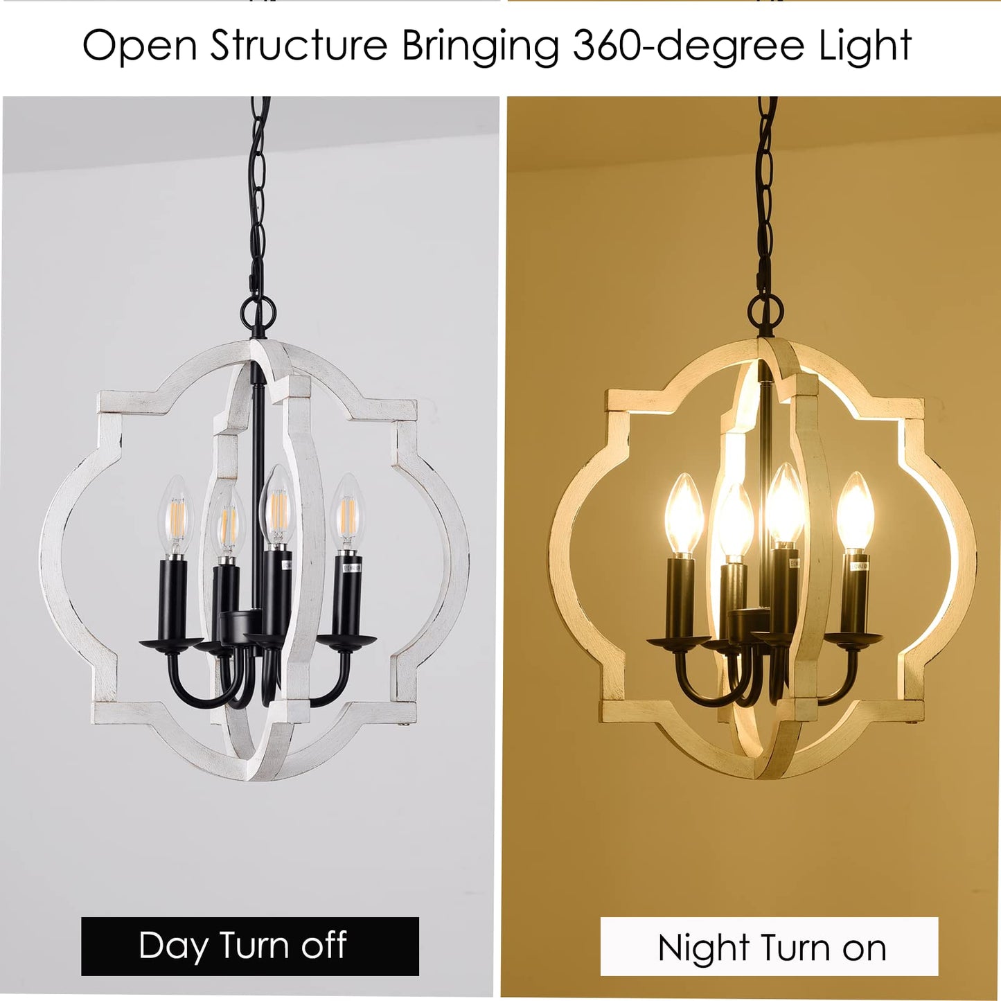 4-Light Plug in Chandelier with 16.4ft Cord,On/Off Switch,Orb Wood Farmhouse Hand-Painted Distressed White,Outdoor Chandelier for Gazebo,Kitchen Island Dinning Foyer Entryway