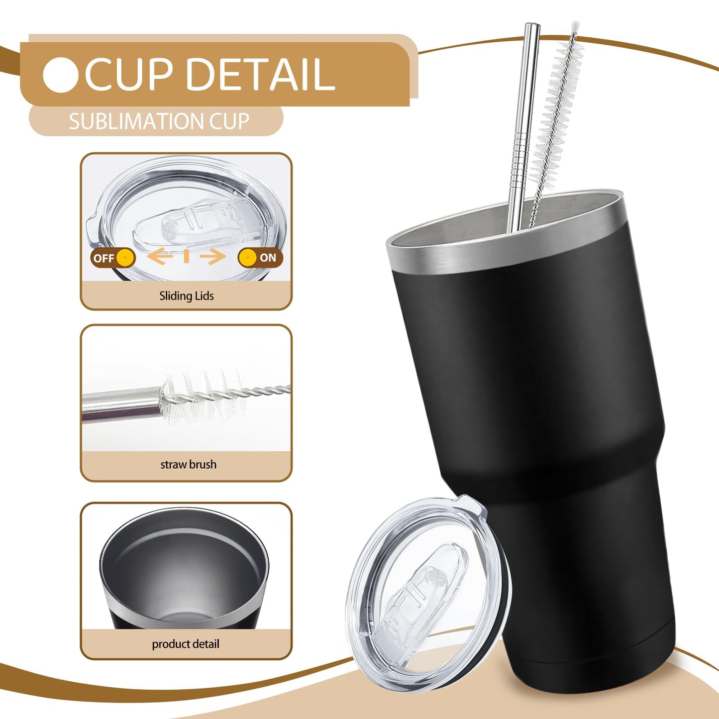YOUKE OLA 12 Pack Insulated Tumbler Powder Coated Stainless Steel Double Wall Vacuum Travel Coffee Tumbler Cup with Lid and Straw for Laser Engrave DIY Gift 30oz Black