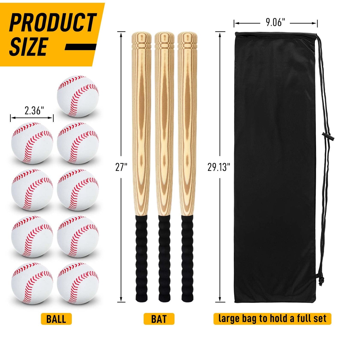 Gemscream 13 Pieces Foam Baseball Bat and Ball Set Includes 3 Pcs 27'' T Ball Bat with 9 Pcs Soft Baseballs 1 Storage Bag for Hitting Indoor Outdoor Sport Gift Playing Game(Classic)