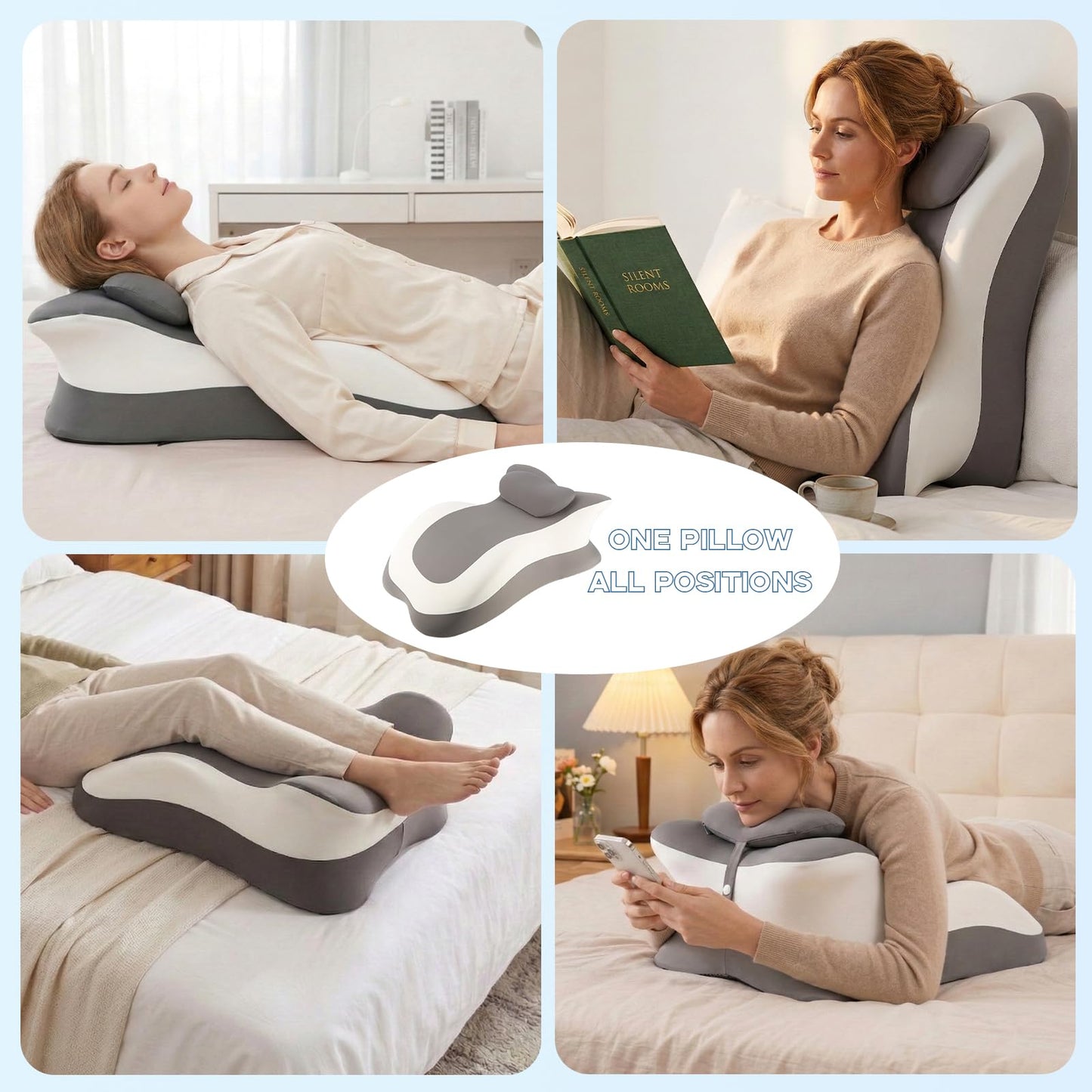 obvade Memory Foam Ergonomic Reading Pillow for Bed, Multi-Position Support Pillow for Reading in Bed, Prone Sleeping, Lumbar & Leg Support, Helps Relieve Back Pain, Acid Reflux, with Removable Cover