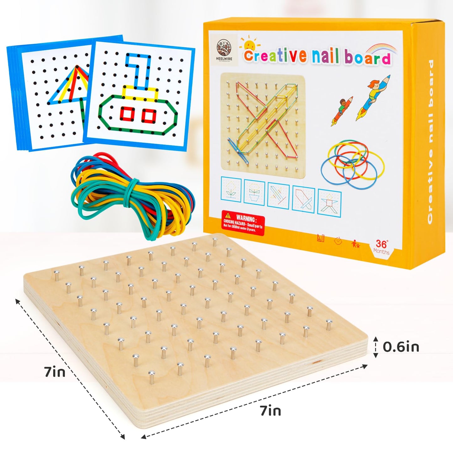 HEELWIRE 2Pack Wooden Geoboard,Montessori Toy,Graphical Mathematical Education Toy for Kids with Pattern Cards and Rubber Bands to Figures and Shapes, Brain Teaser STEM Toy Geo Board.