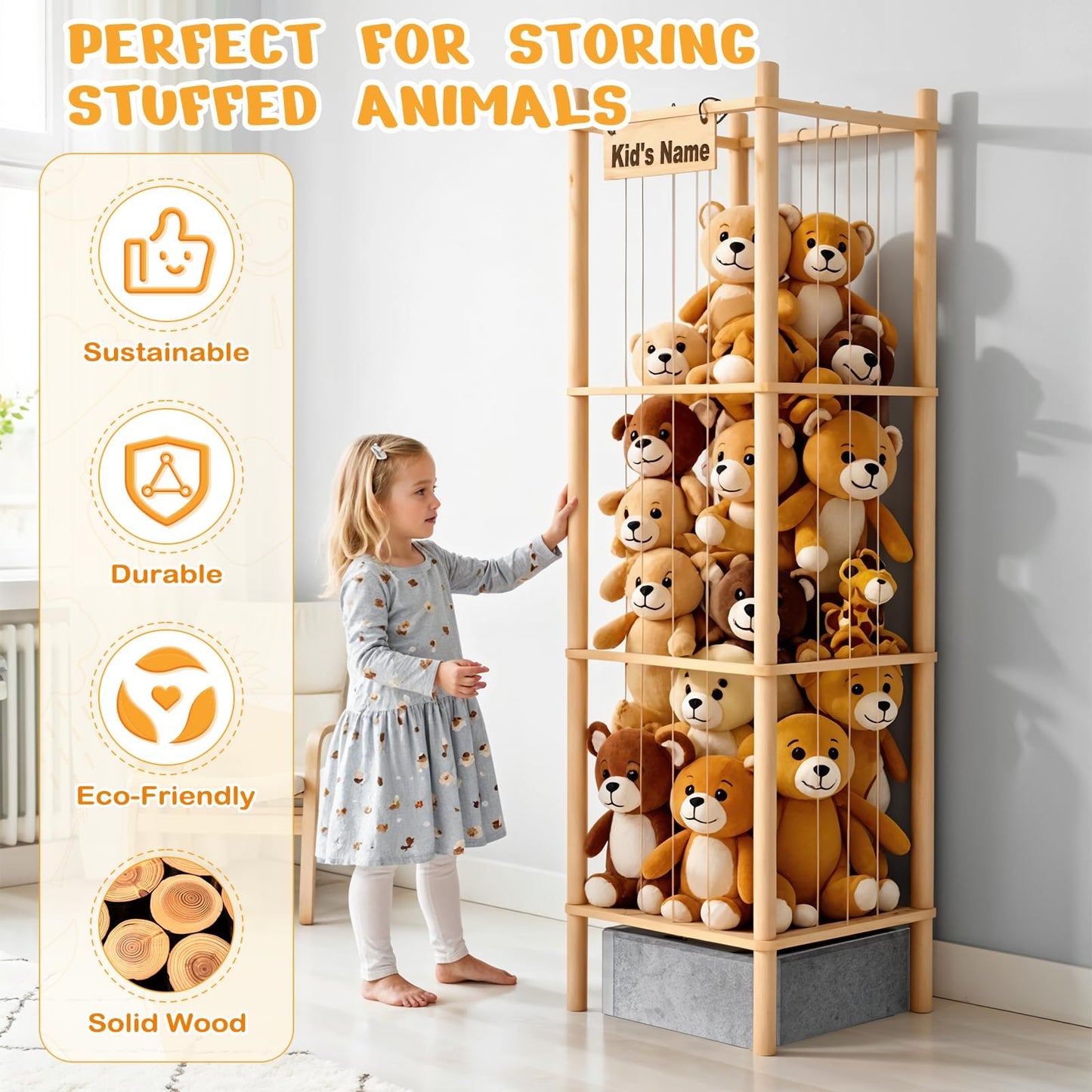WORLDMX Stuffed Animal Storage with Toys Tray, 57In Large Wooden Stuffy Plushies Storage Holder Extra Large Capacity Stuffed Animals Zoo Organizer for Toddler Rooms, Playrooms & Bedrooms