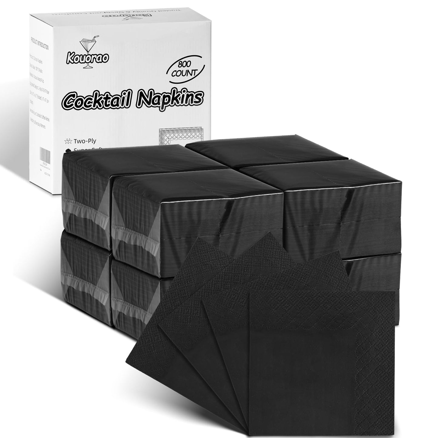 Kouorao Black Cocktail Napkins - 800 Count Disposable Paper Napkins, 2-Ply 4.5 x 4.5 Inch Beverage Napkins Bulk for Dinner Wedding Bar Party and Everyday Use