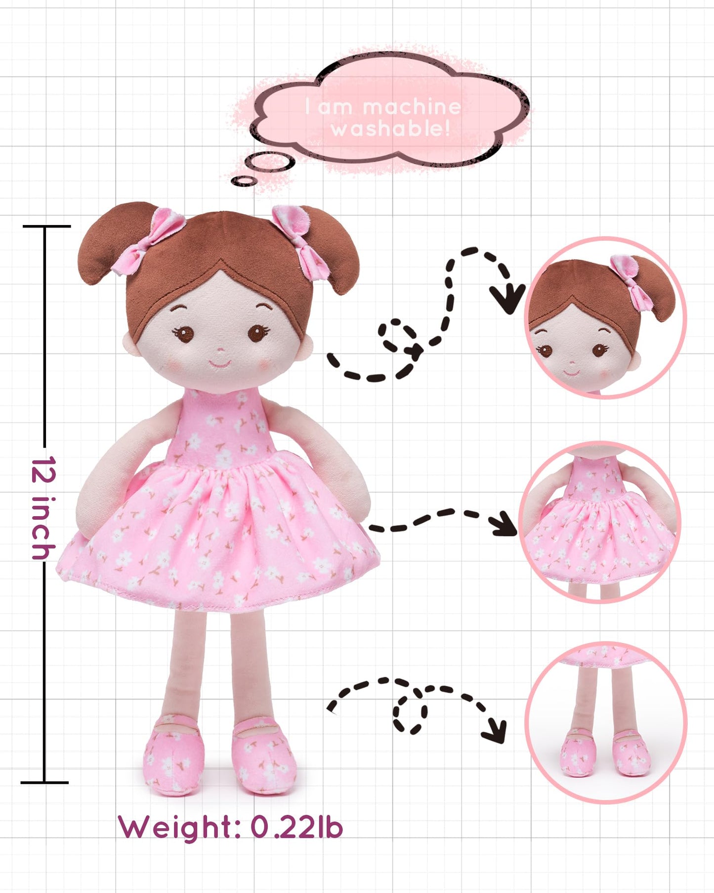 LeyaDoll Soft Baby Doll Toys (12''), My First Baby Rag Doll for 1 Year-Old Girl Birthday Gift, Leya Doll Christmas Plush Toys Gift for Toddler Kids Infants -FloraBelle(Pink)