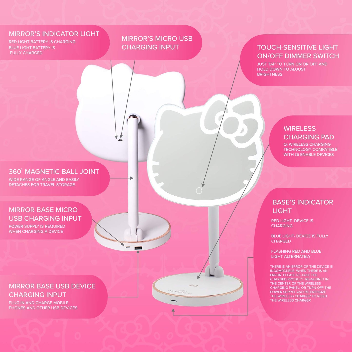 Impressions Vanity Hello Kitty Tabletop Mount LED Rechargeable Makeup Mirror with 360 Degree Rotation, Touch Sensor Desk Mirror with Light Strip and Adjustable Brightness