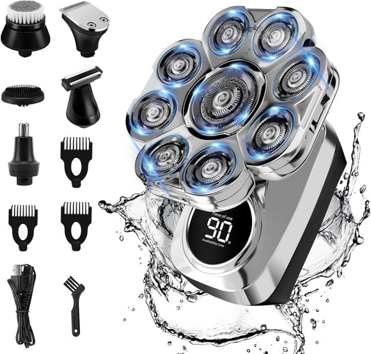 9D Head Shavers for Bald Men, Upgraded 6-in-1 Mens Grooming Kit, Detachable Bald Head Shavers for Men, Wet/Dry LED Display, Travel Lock Electric Razor for Men with Type-C Charge