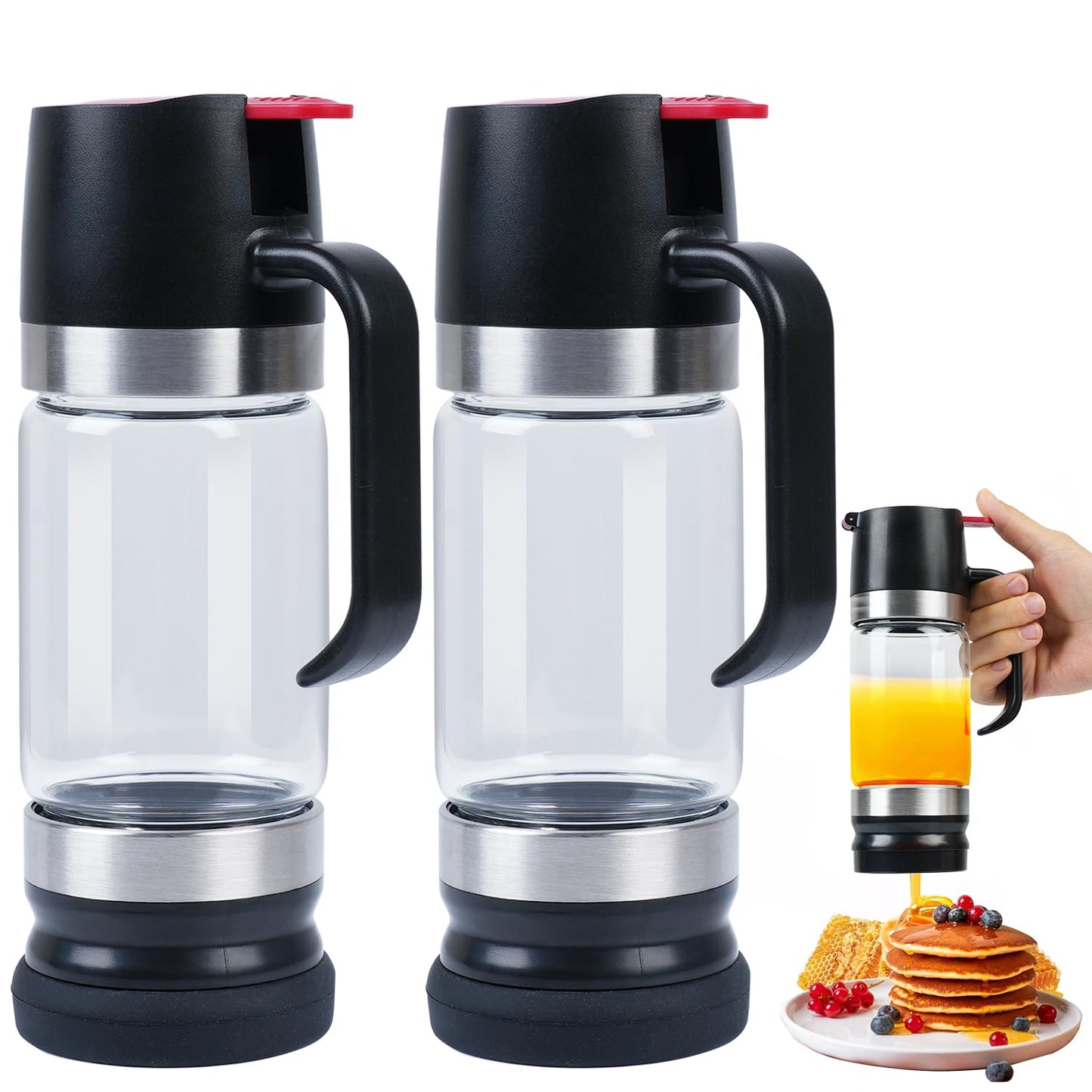 Honey Dispenser 12Oz 2Pack No Drip with Stand, Glass Honey Jar, Syrup Dispenser, Easy One Hand Use Honey Pot for Coffee or Tea, Mess Free Honey Dispenser for Syrup, Honey Container (2Pack Black)