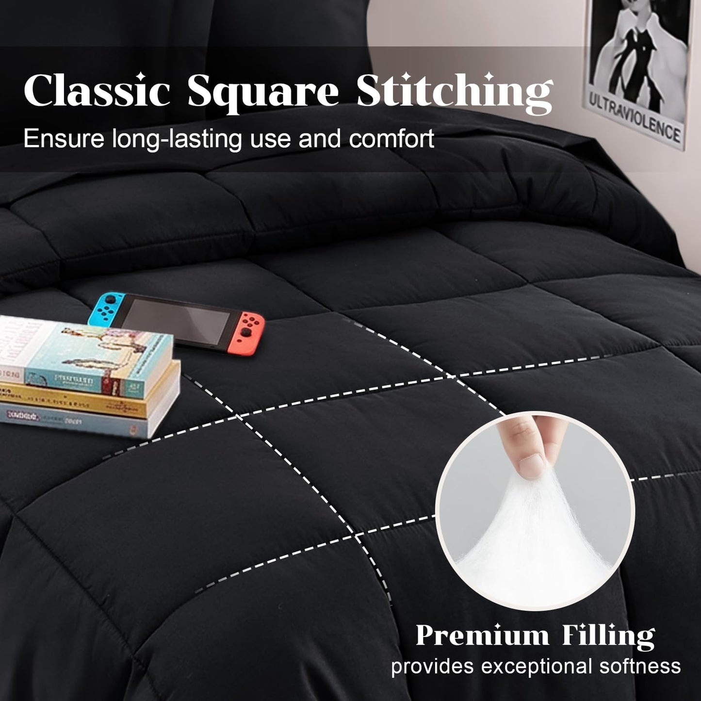 JOLLYVOGUE Twin Comforter Set, Ultra-Soft Bed in a Bag Twin Size 5 Pieces, Oeko-TEX Certified Bedding Set with Down Alternative Comforter, Sheets, Pillowcases & Shams, Black