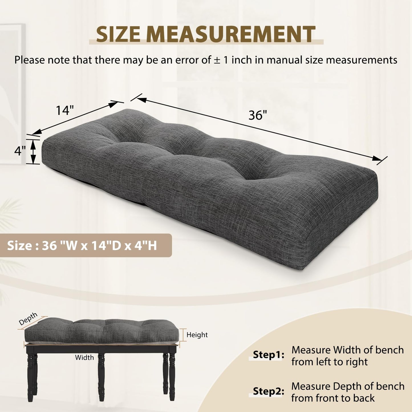 downluxe Indoor Bench Cushion for Indoor Furniture, Non-Slip Tufted Overstuffed Textured Foam Bench Seat Cushion, 36" X 14" X 4", Dark Grey, 1 Pack