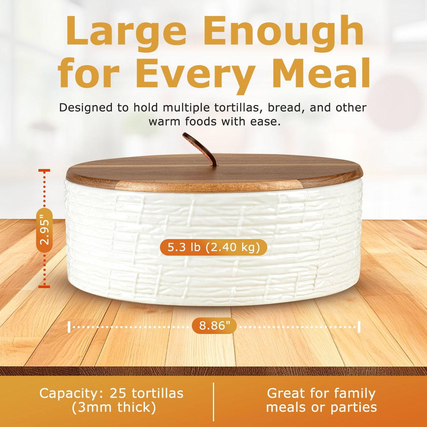 Ceramic Tortilla Warmer with Airtight Wooden Lid – 8.8 Inch Tortilla Holder, Insulated Bread Pancake Warmer, Authentic Tortillero for Tortillas, Pancakes, Roti – Large Tortilla Container