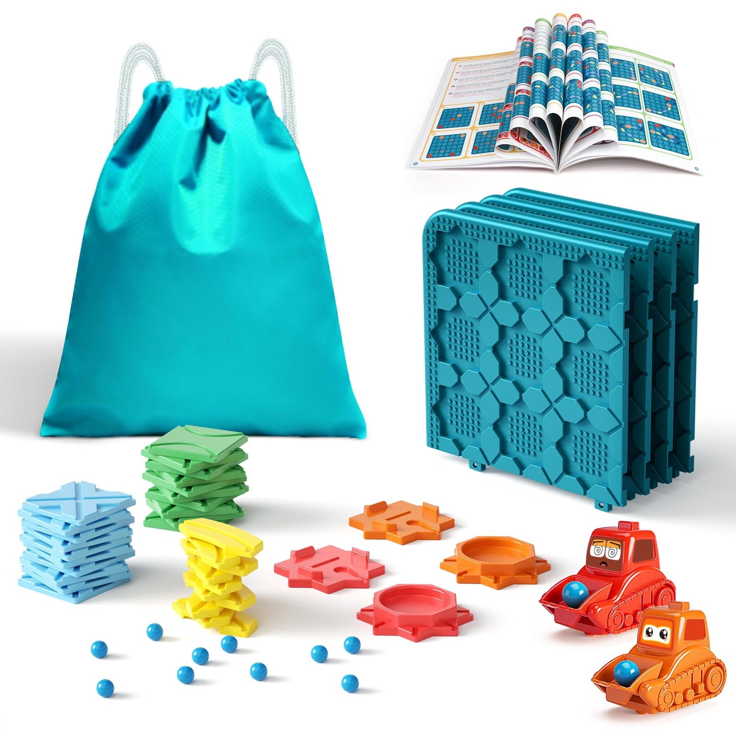 Burgkidz STEM Board Games for Kids Ages 4-8 - Large Size Build Your Own Maze with Building Bricks, Includes 2 Pull-Back Cars & Storage Bag, 3 Difficulty Levels Educational Montessori Toys