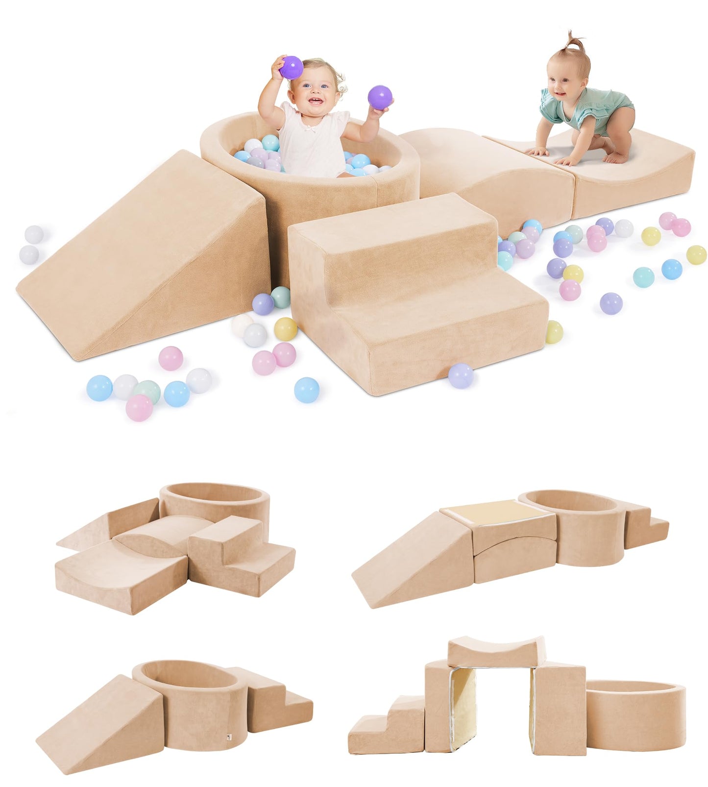 Elftopia Foam Climbing Blocks with Ball Pit Designed for Toddlers Aged 1-3 -Great for Indoor Crawling, Inside Foam Playground Set for Little Ones to Active Playing -(Balls NOT Included) Beige