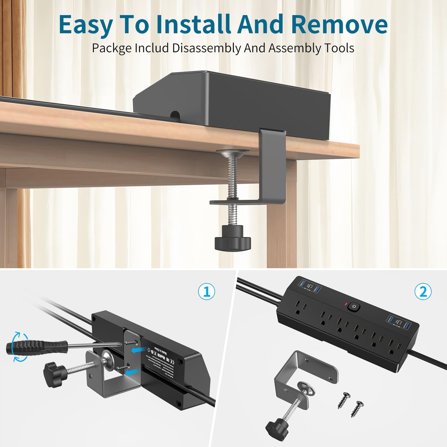 40W Fast Charging Desk Clamp Power Strip 2 PD USB C Desk Charging Station,10FT Desk Extension Cord Flat Plug with 6 AC/6 USB,Fararaka Removable Desk Surge Protector Power Strip Fits 1.8" Tabletop Edge