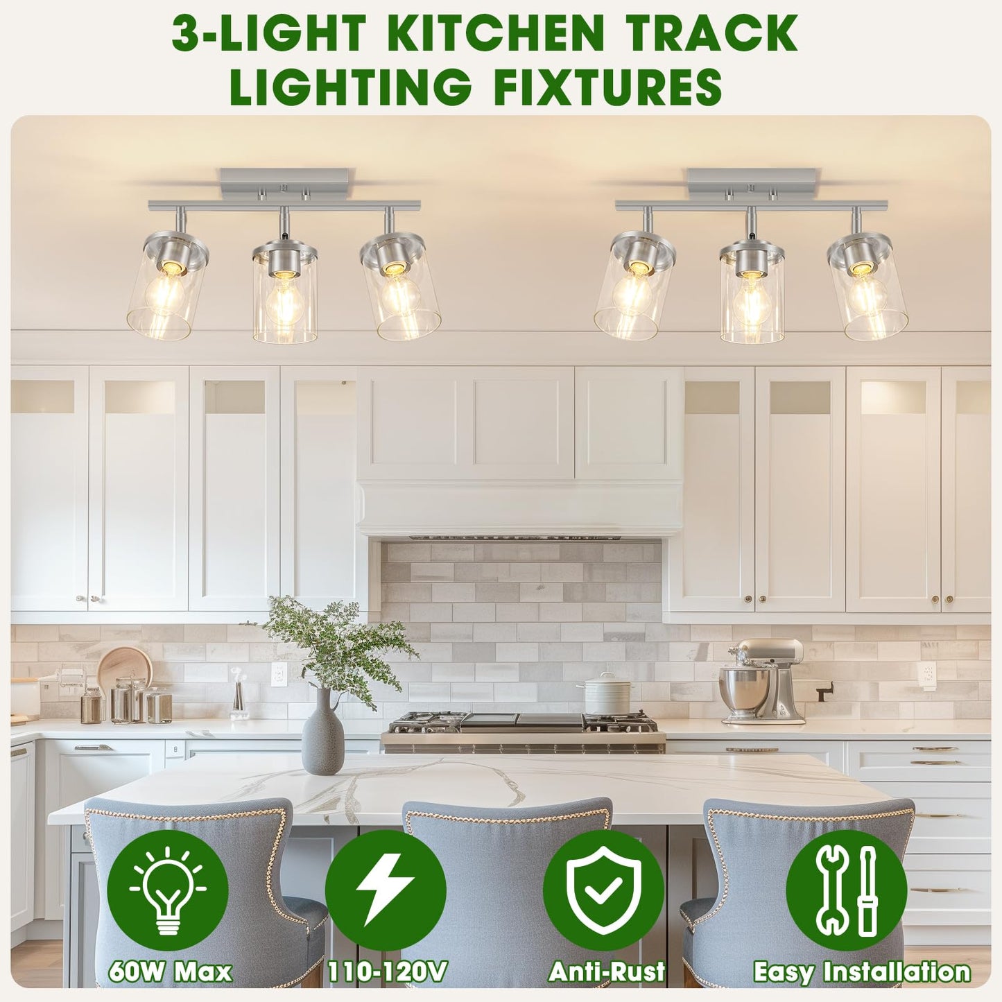 FadimiKoo 3-Lights Kitchen Light Fixtures Ceiling Mount, Brushed Nickel Adjustable Semi Flush Mount Ceiling Light with Clear Glass, Multi-Directional Track Spotlights for Kitchen Hallway Bathroom
