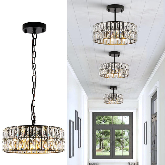 Crystal Pendant Light 4-Light Modern Black Chandelier Small 12” Crystal Semi Flush Mount Ceiling Light Round for Kitchen Island Foyer Hallway