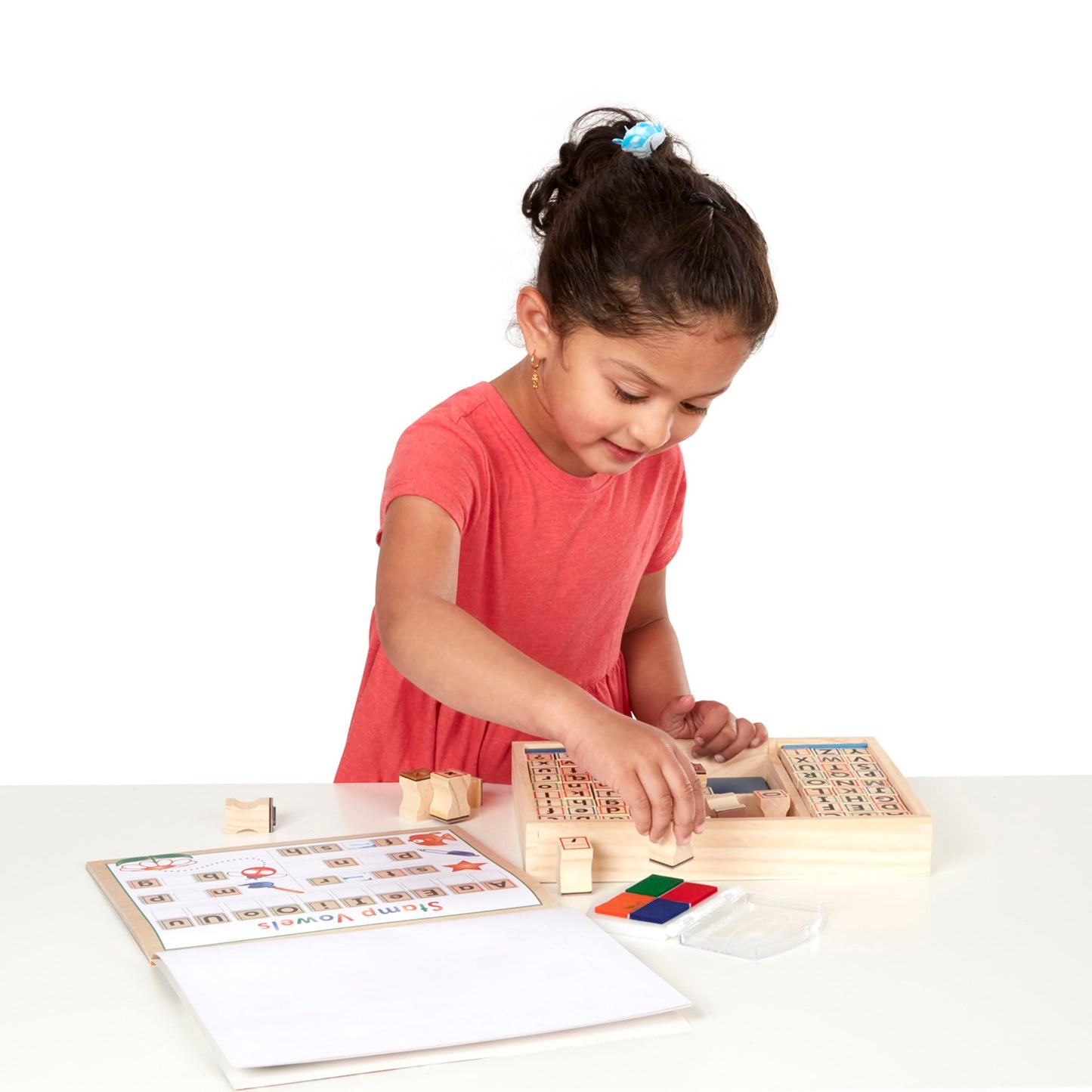 Melissa & Doug Deluxe Letters and Numbers Wooden Stamp Set ABCs 123s With Activity Book, 4-Color Stamp Pad