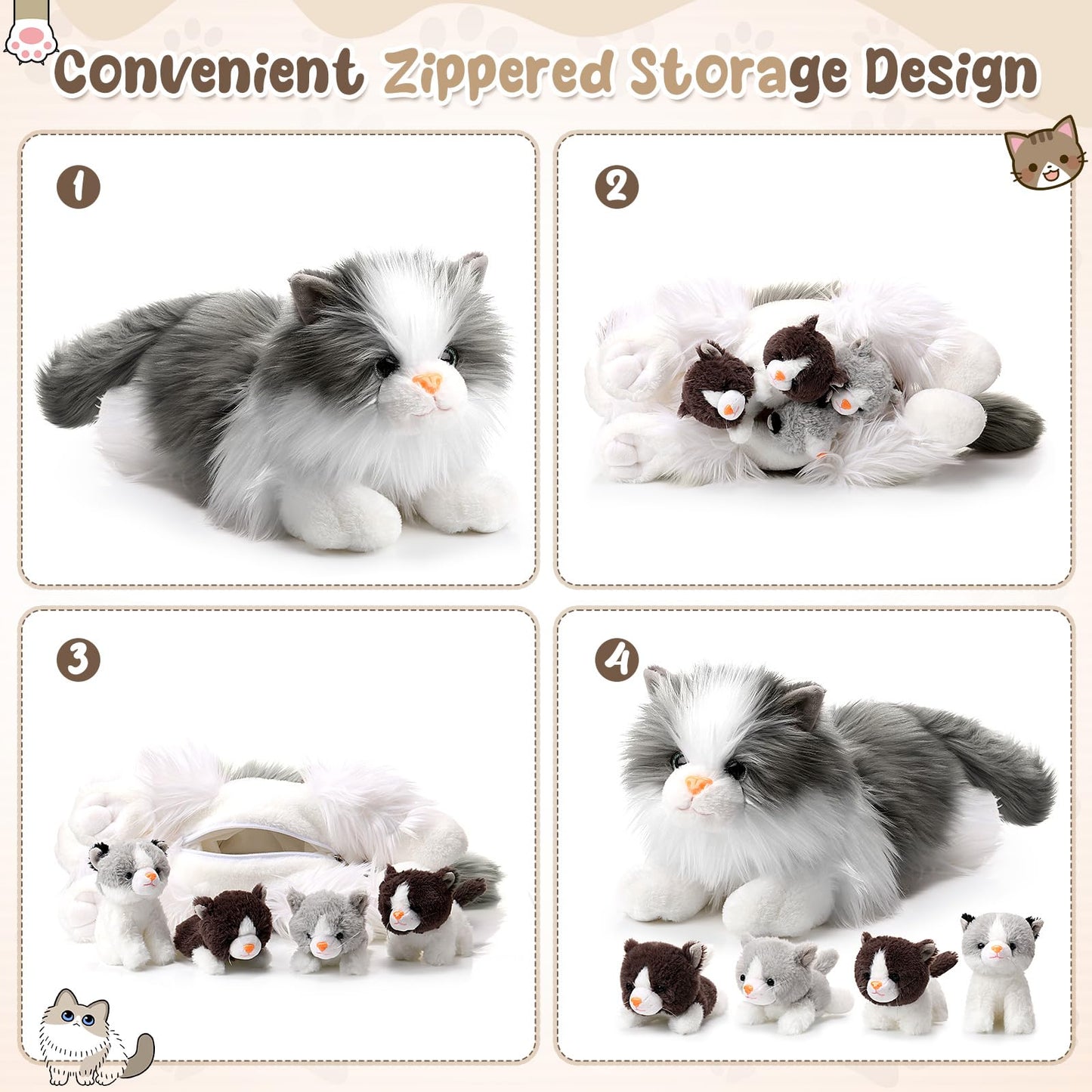 HyDren 5 Pcs Realistic Ragdoll Cat Stuffed Animal, 17.75 Inches Large Ragdoll Cat Mommy Plush with 4 Cute Babies Soft Plush Kittens Set for Girls Boys Birthday Party Favors(Grey)
