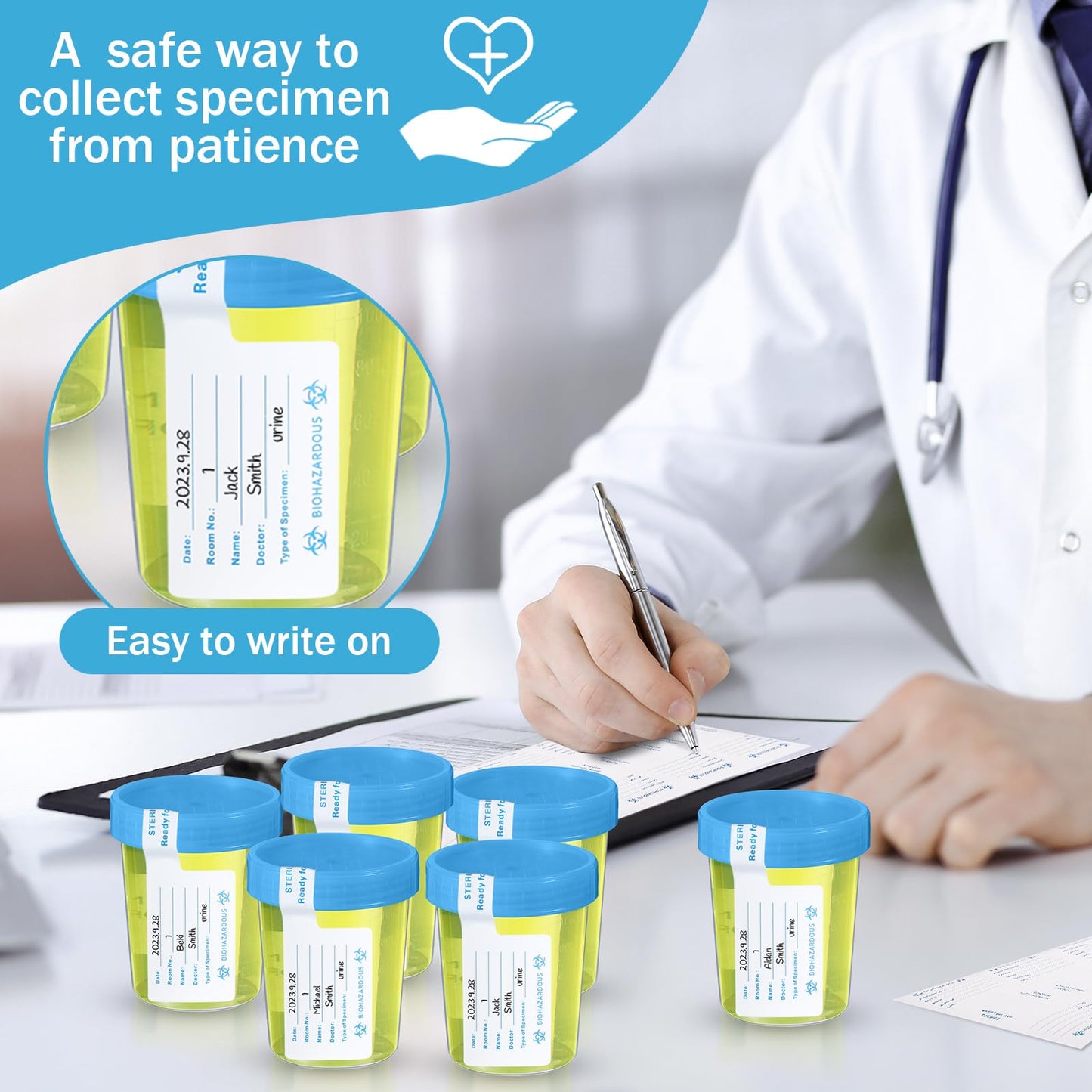 200 Pcs Urine Specimen Cups with Lids and Evident Seal Urine Sample Cups Collection Cup Disposable for Collection and Testing (Blue Lids)