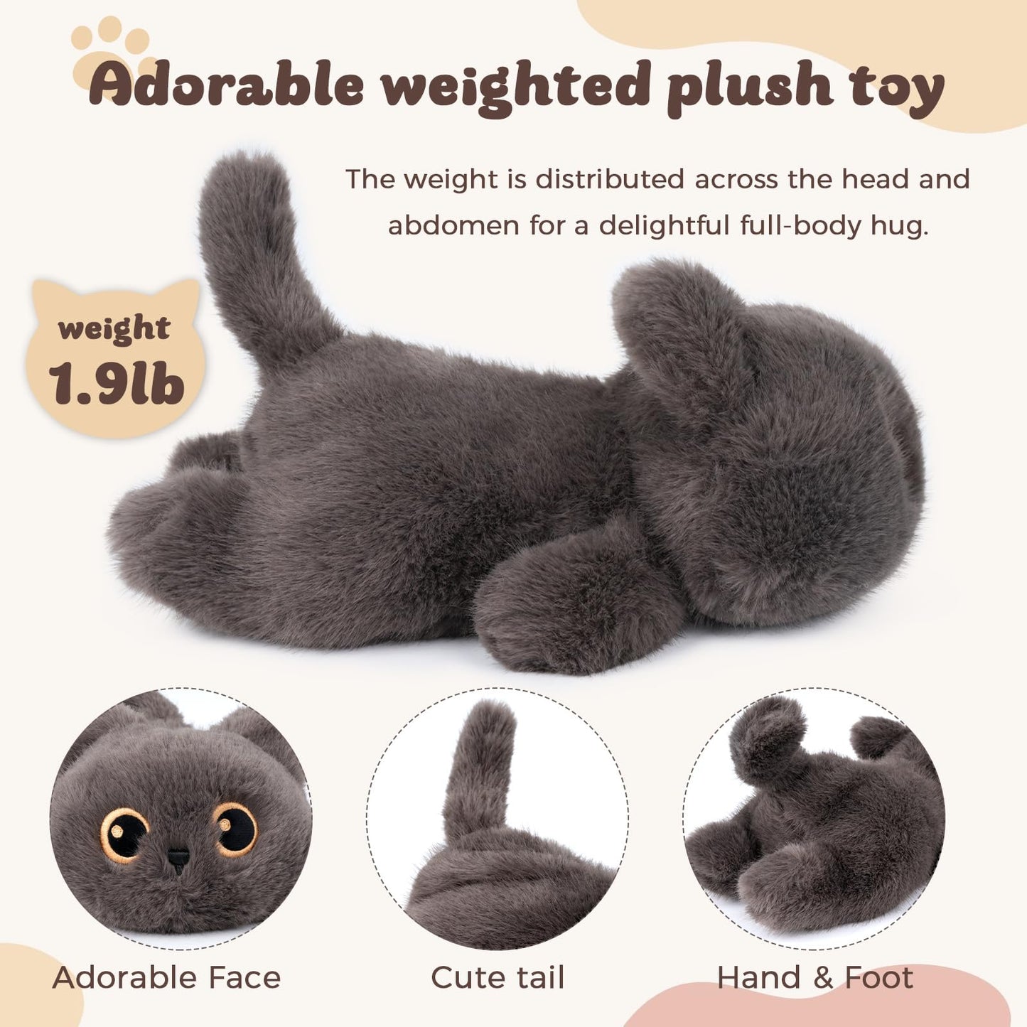 YOUBLEK 1.9 lbs Weighted Stuffed Animals Cat - Dark Grey Cat Plush, Cute Cat Stuffed Animal Kawaii Plushies Hugging Toy Gifts for Kids Boys Girls & Adults