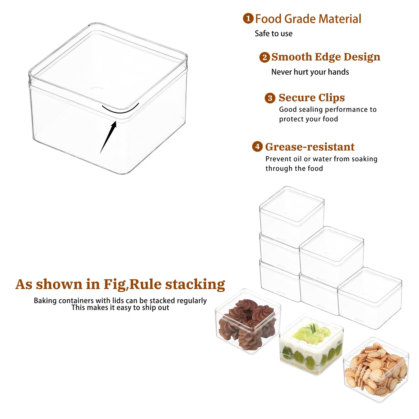 FZJ 50 Pack 15OZ Square Clear Plastic Dessert Cups with Lids and Stickers Disposable Fruit Cups for Dessert,Tiramisu container with lid,Cupcake,Parfait,Pudding,Iced Cold Drinks,Fruits,Bakeries