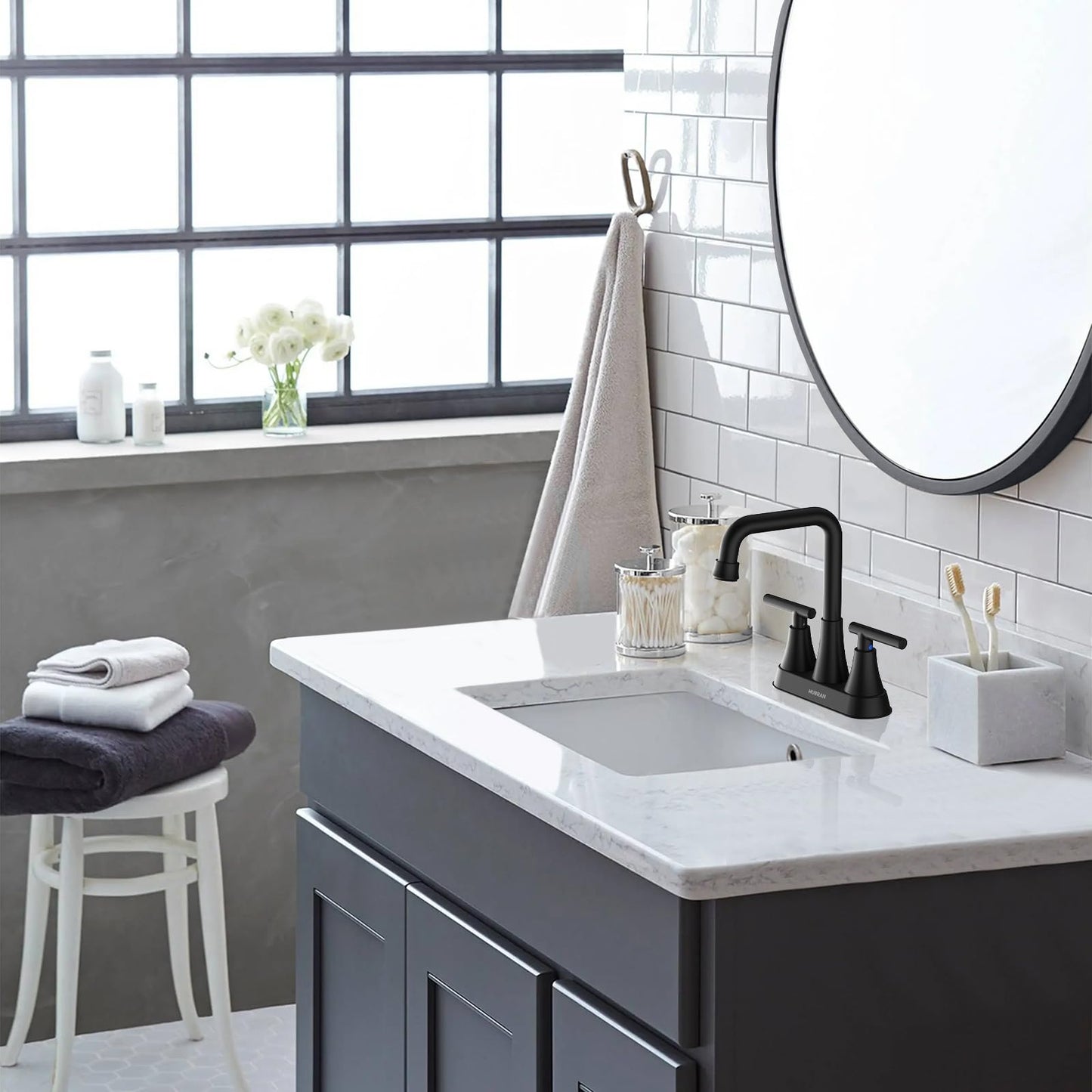 Matte Black Bathroom Sink Faucet, Hurran 4 inch Bathroom Faucets for Sink 3 Hole with Pop-up Drain and Supply Hoses, 360 Swivel Spout Centerset Faucet for Vanity RV Farmhouse, 2 Pack