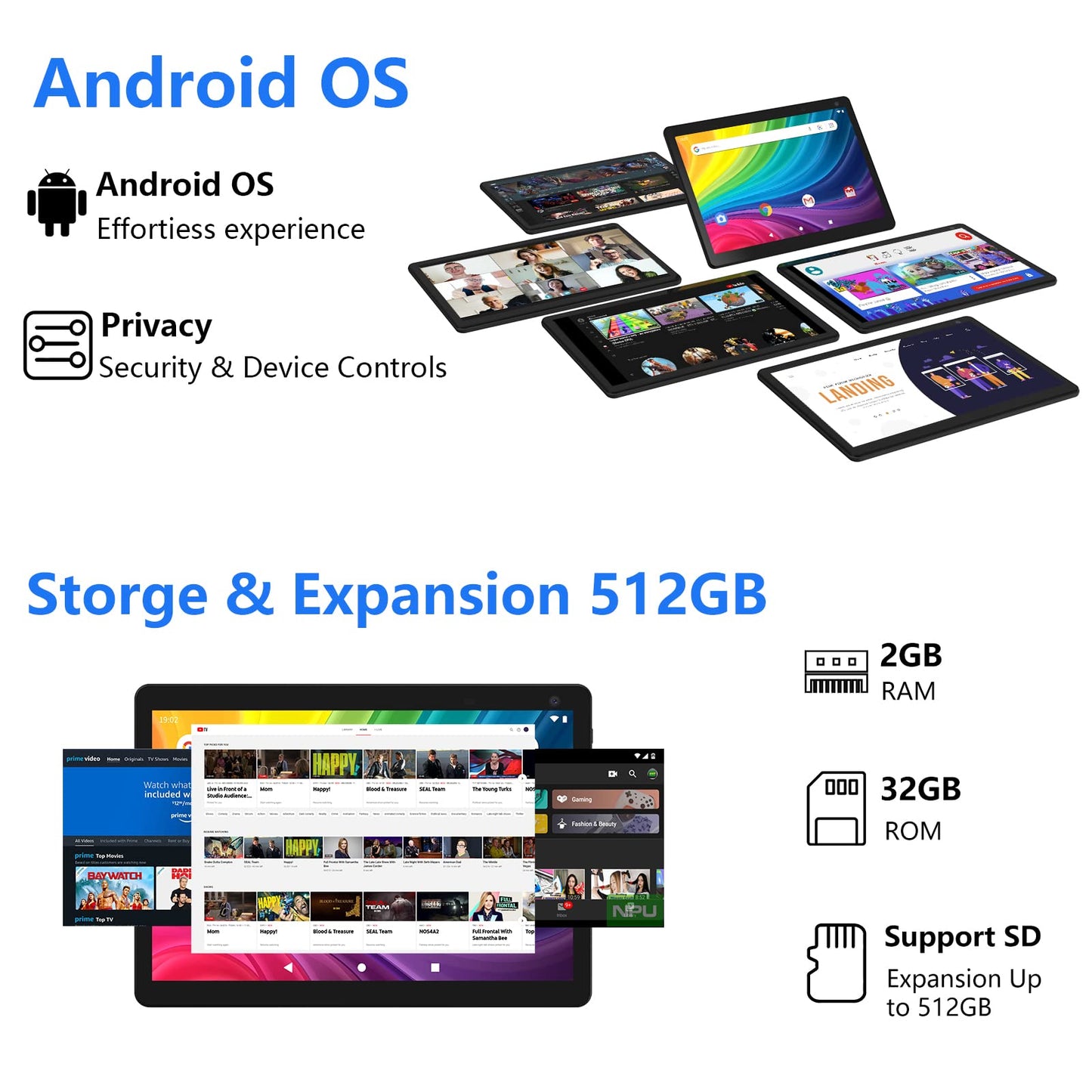 Android Tablet, 10 inch Tablets, 2GB RAM+32GB ROM Computer Tablet Support 512GB Expand, 1280*800 IPS Touch Screen, 1.8Ghz Quad-core Processor, 2.4G/5G WiFi Bluetooth, 8MP Camera 6000mAh Battery Tablet